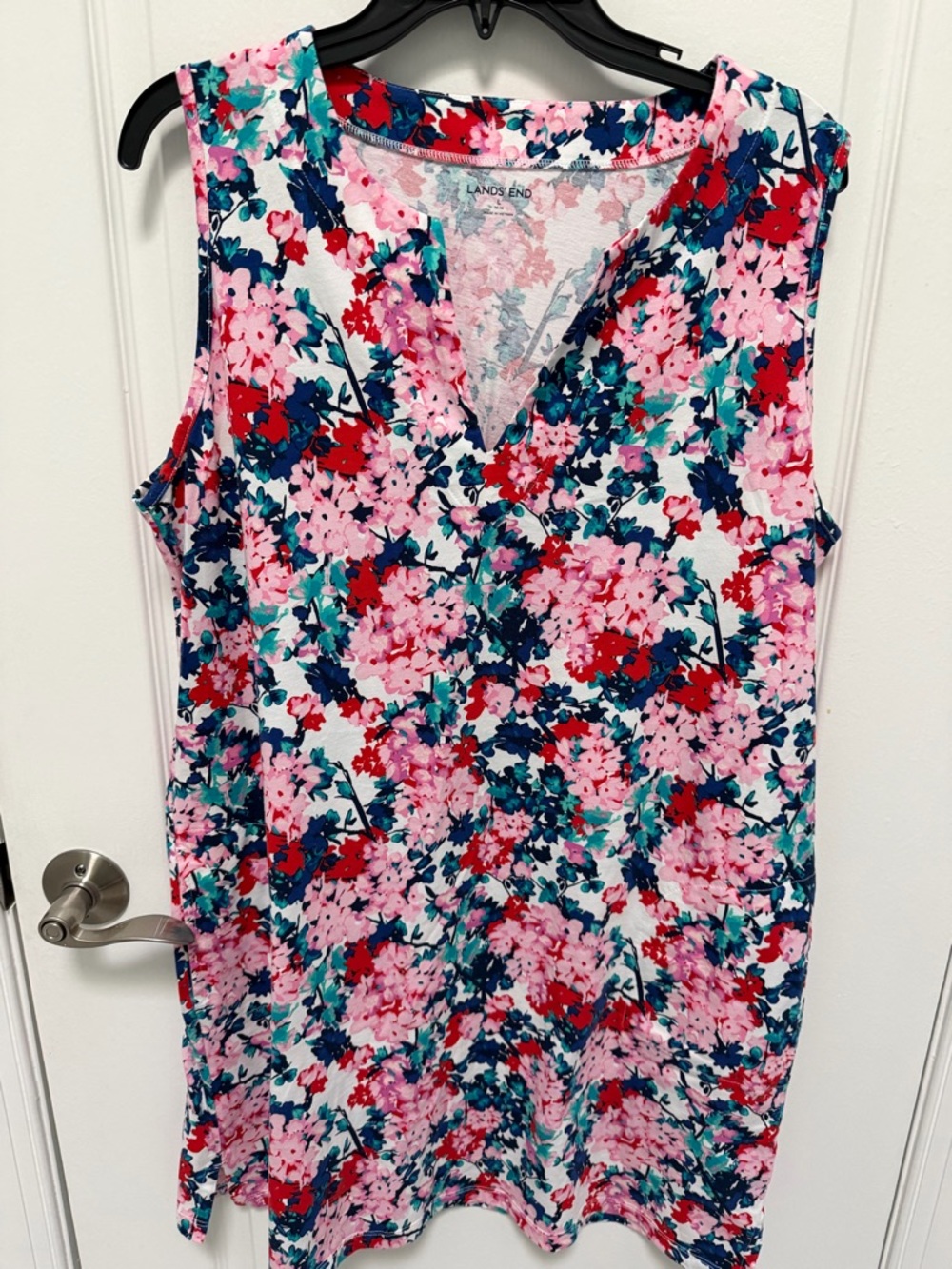 Lands' End Women's Floral V-Neck Sleeveless Swim Coverup, Pink & Blue, Size 14